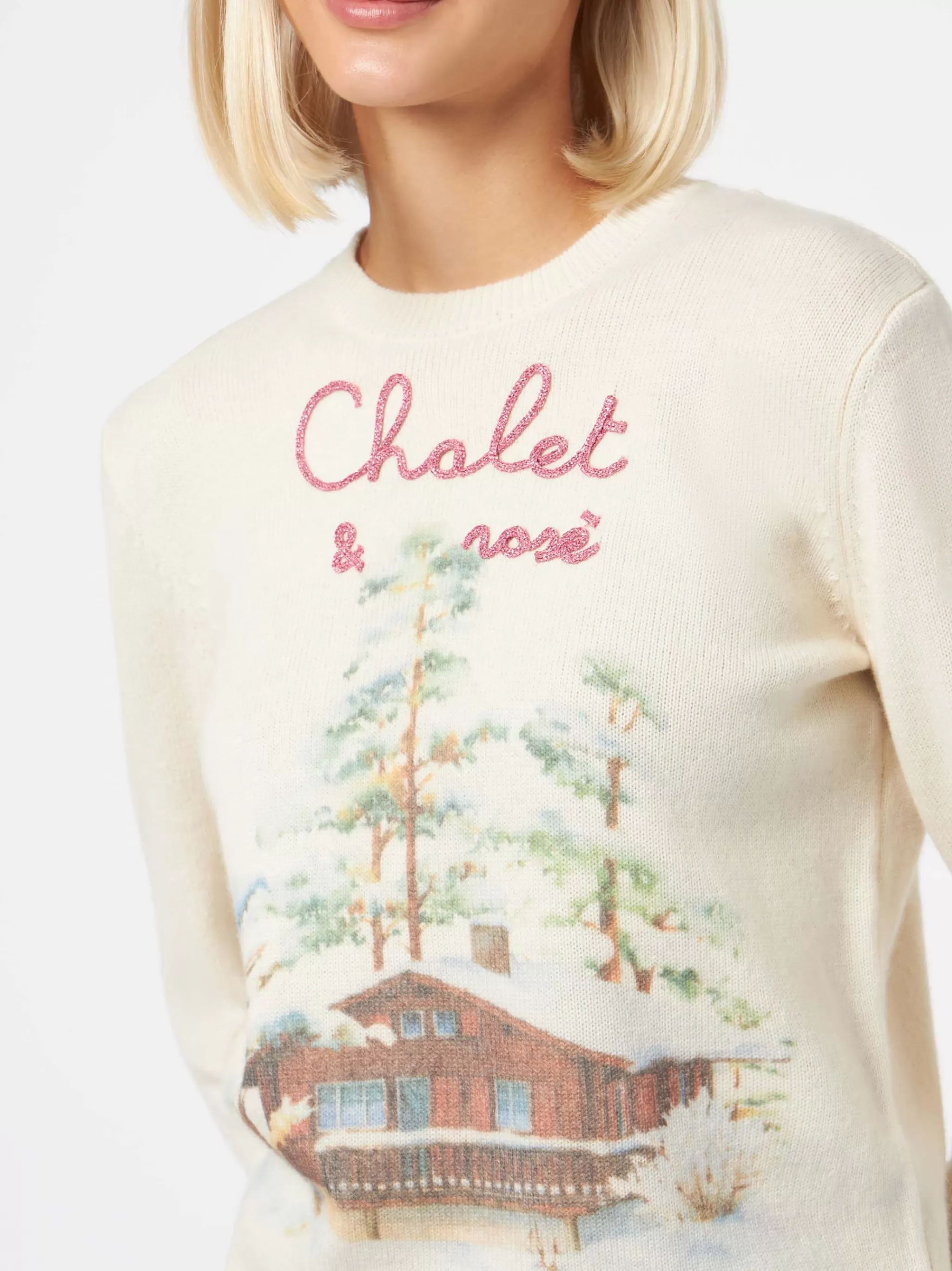 MC2 Saint Barth Woman crewneck sweater with Chalet & Rosè embroidery New