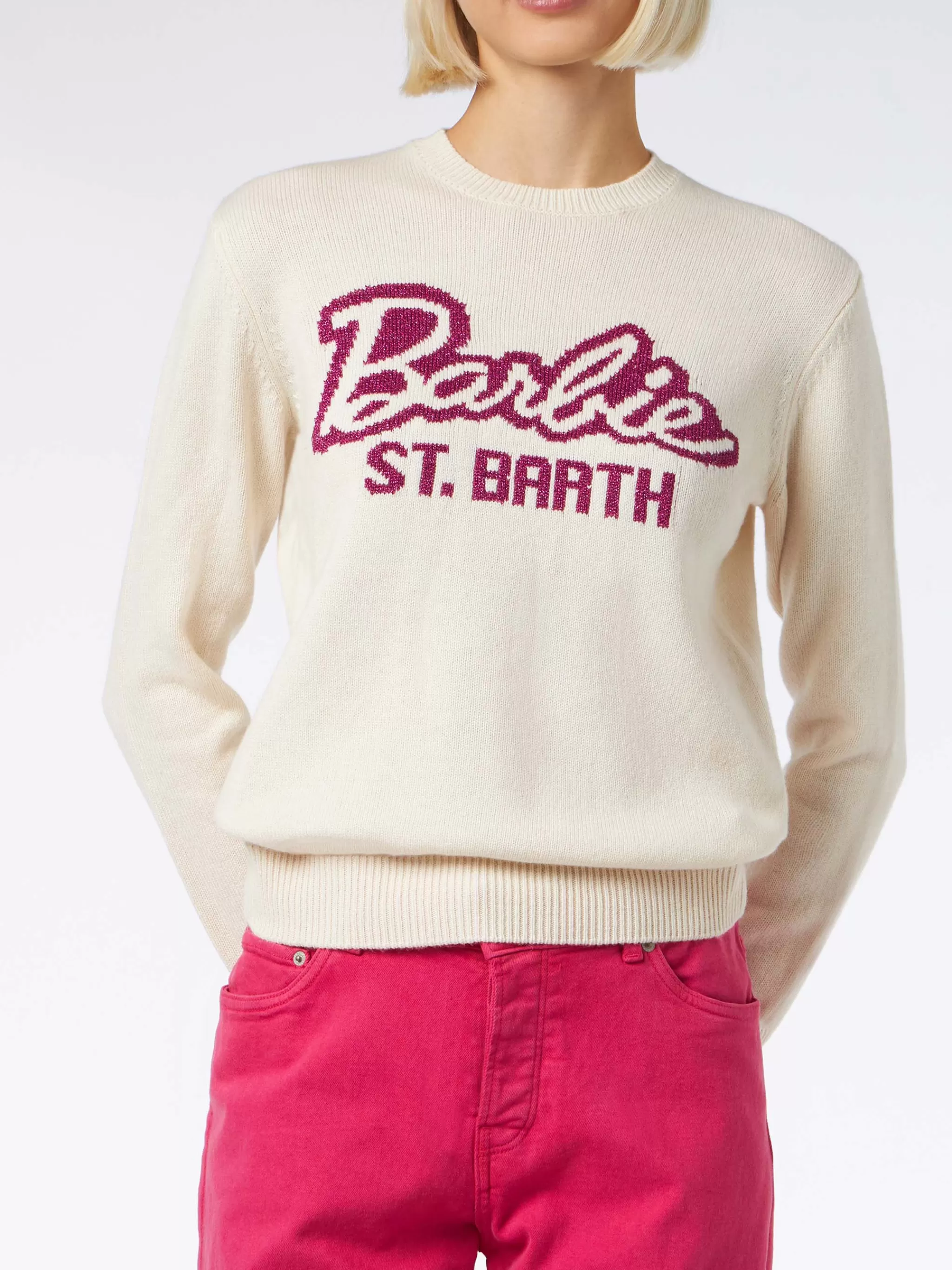 MC2 Saint Barth Woman crewneck white sweater with Barbie | BARBIE SPECIAL EDITION Clearance