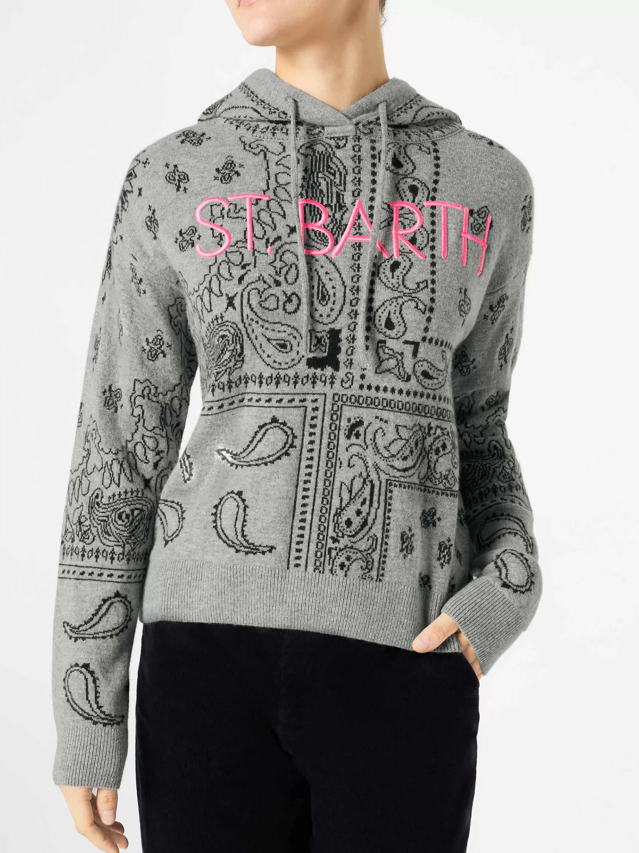 MC2 Saint Barth Woman cropped knit hoodie with bandanna print Best Sale