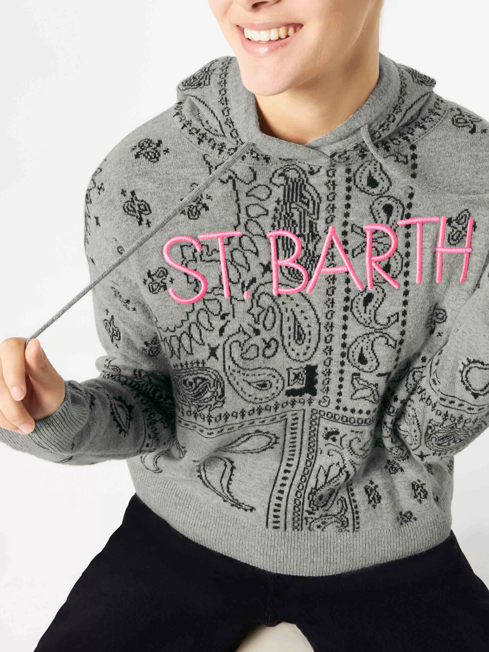 MC2 Saint Barth Woman cropped knit hoodie with bandanna print Best Sale