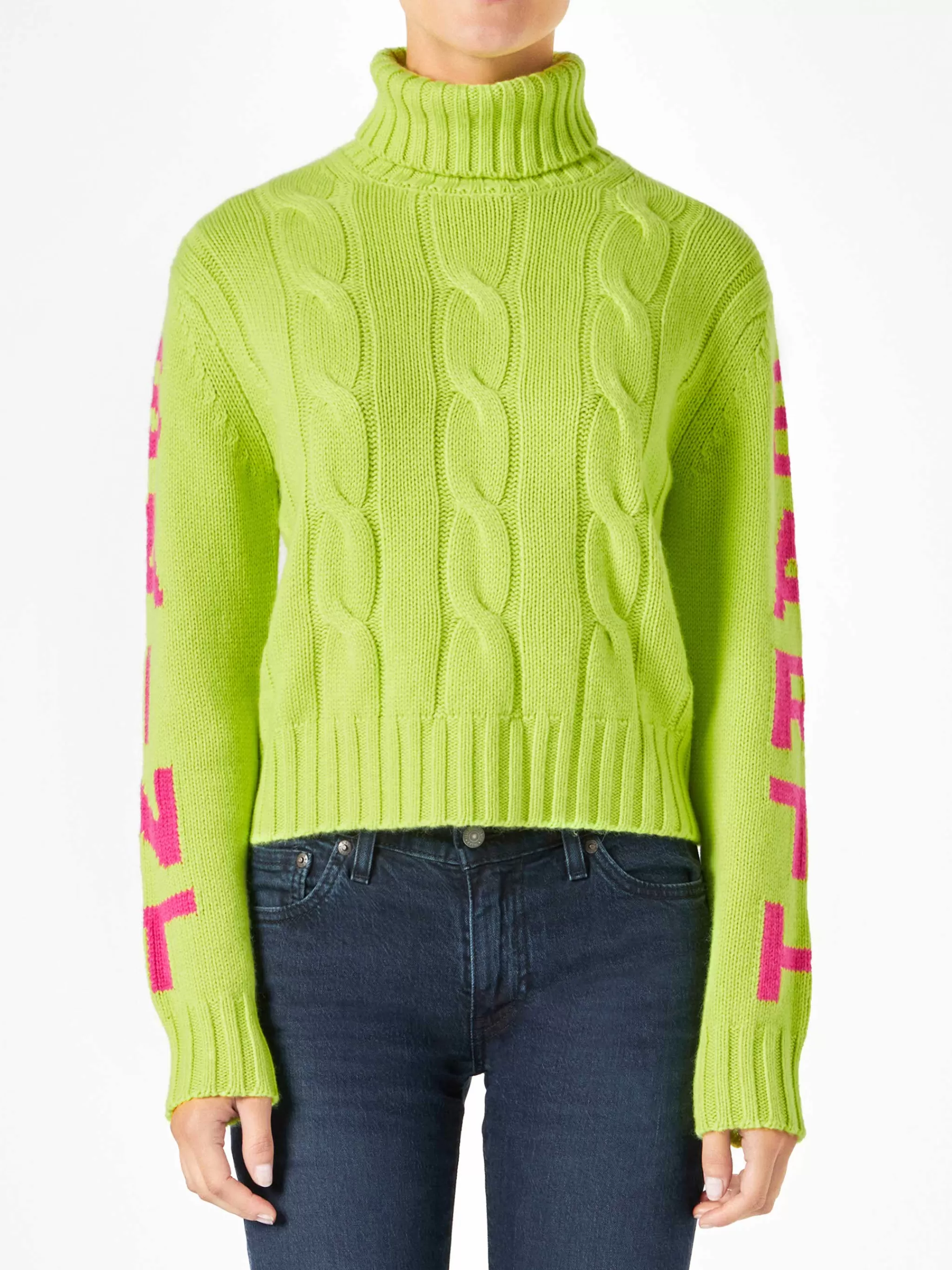 MC2 Saint Barth Woman fluo yellow turtleneck braided sweater Flash Sale