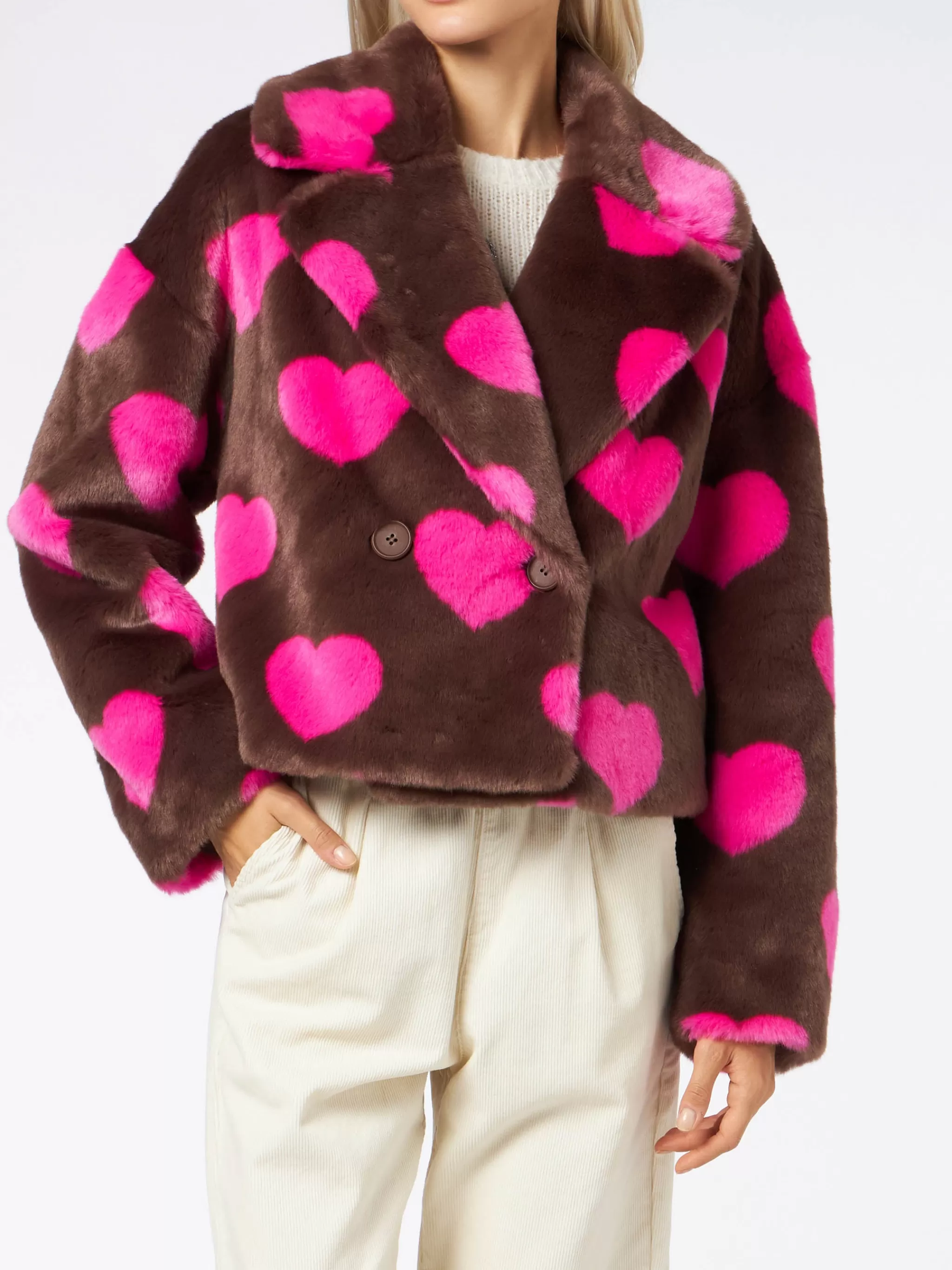 MC2 Saint Barth Woman furry short jacket with heart print Store