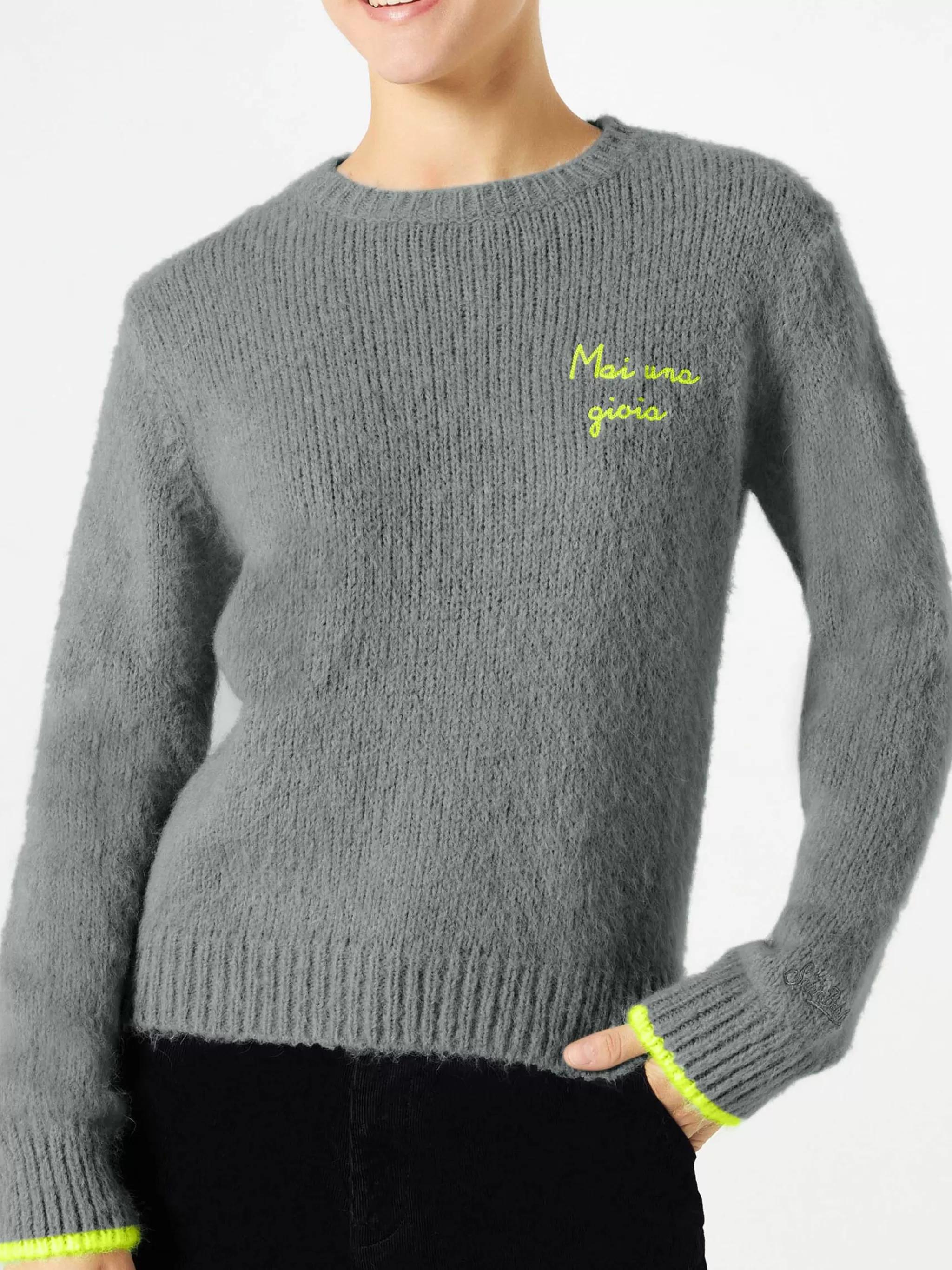 MC2 Saint Barth Woman grey brushed sweater with Mai una Gioia embroidery Store