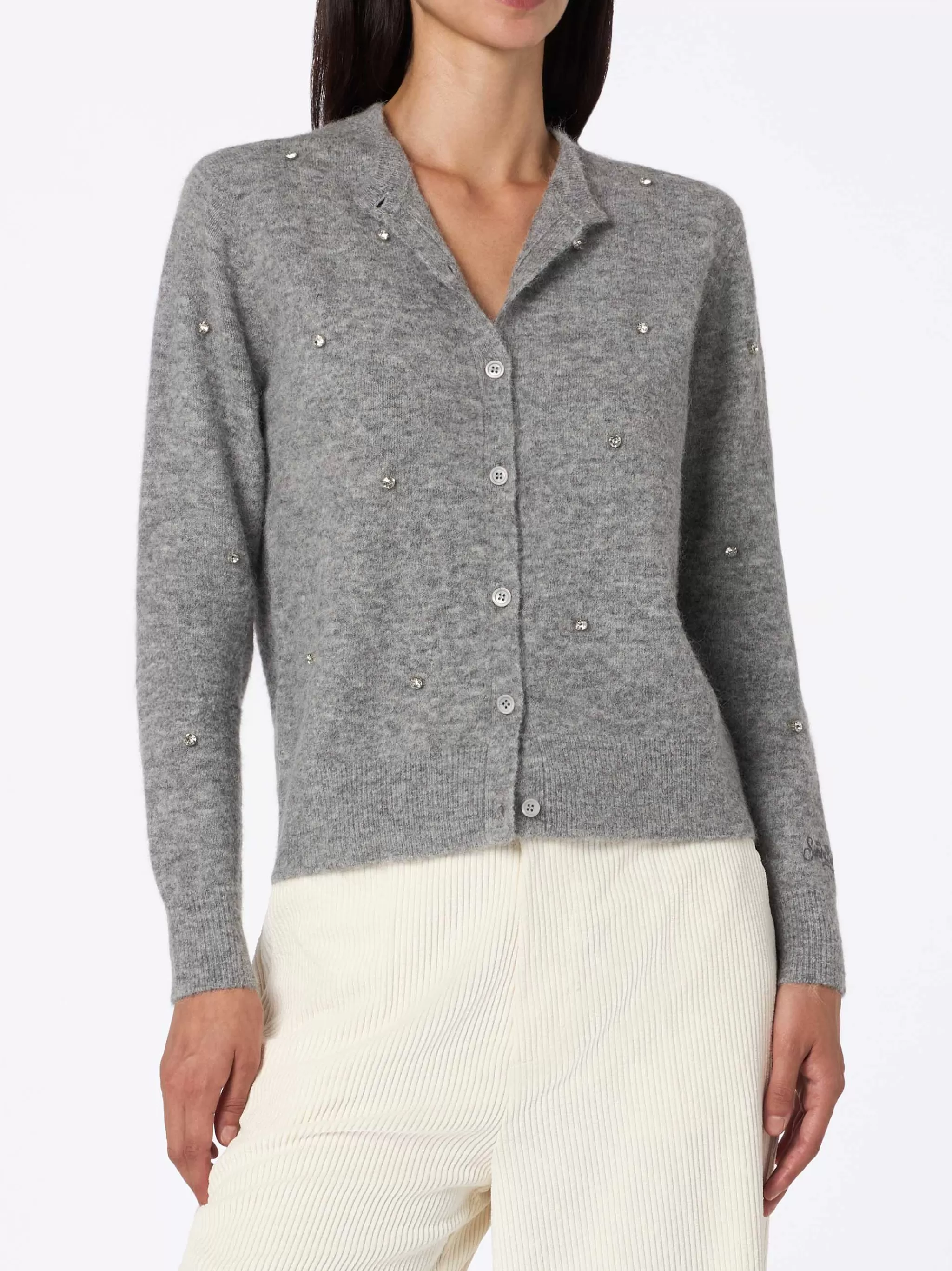 MC2 Saint Barth Woman grey cardigan Bellamy with silver rhinestones Hot