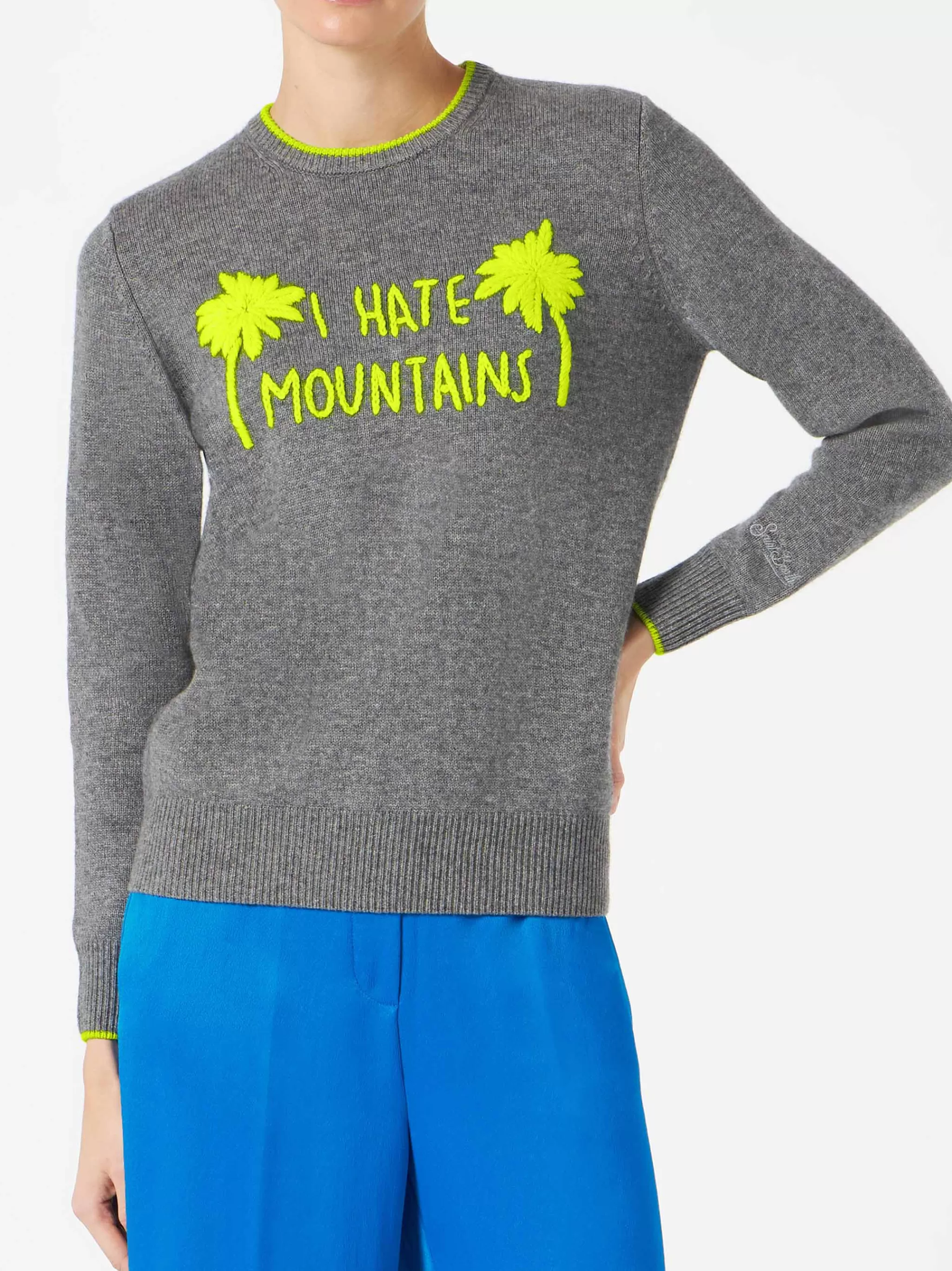 MC2 Saint Barth Woman grey sweater yellow fluo I hate mountains embroidery Best Sale