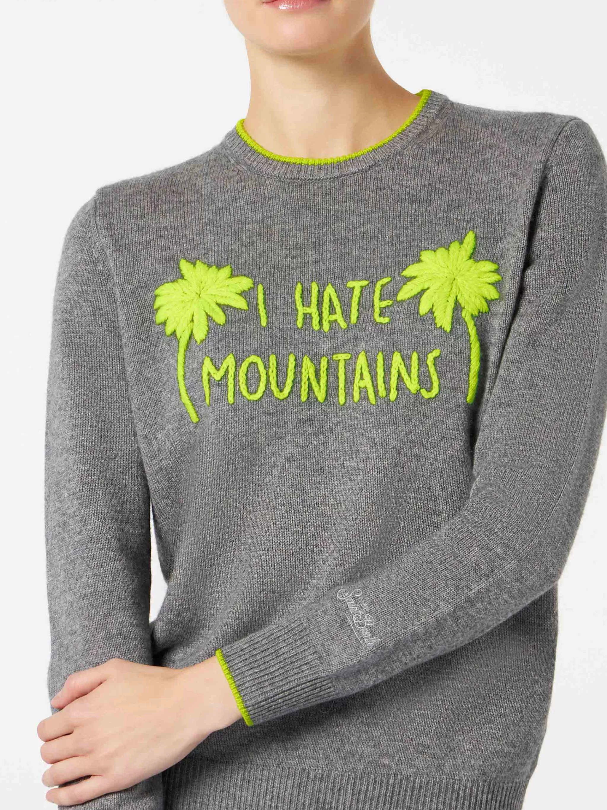 MC2 Saint Barth Woman grey sweater yellow fluo I hate mountains embroidery Best Sale