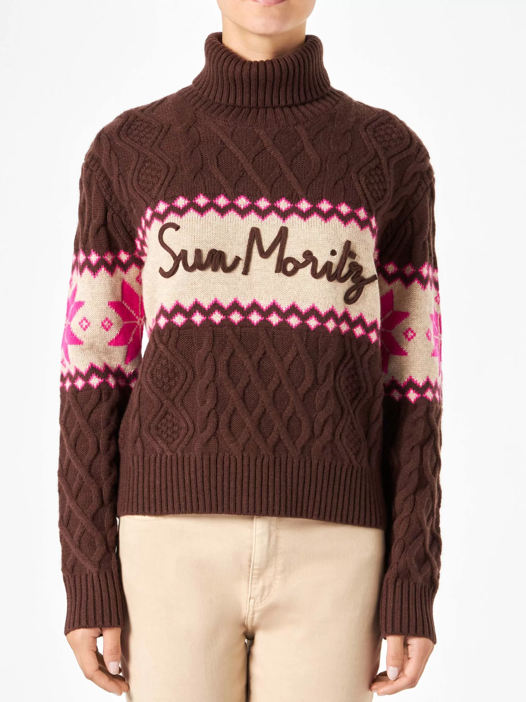 MC2 Saint Barth Woman half-turtleneck sweater with Sun Moritz lettering Sale