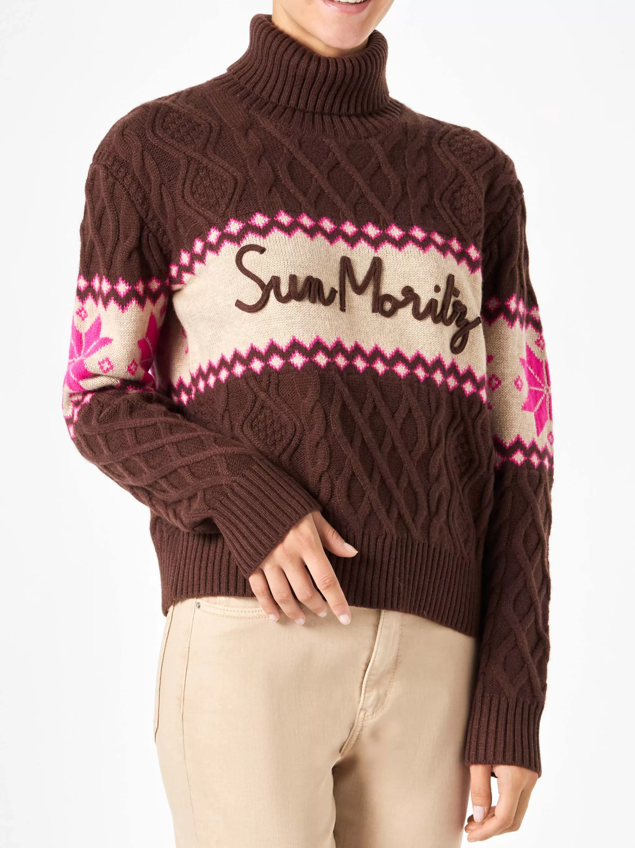 MC2 Saint Barth Woman half-turtleneck sweater with Sun Moritz lettering Sale