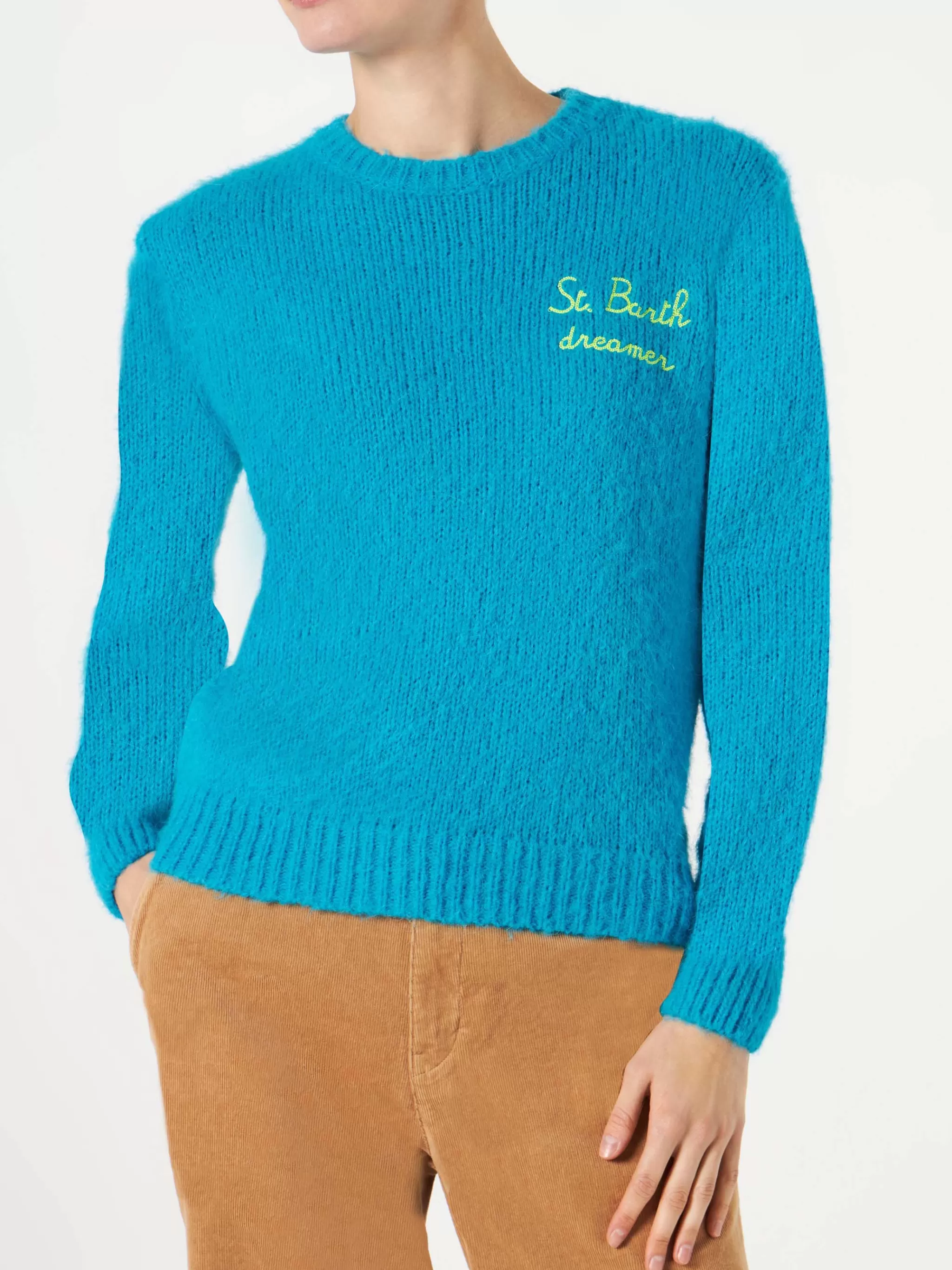 MC2 Saint Barth Woman light blue brushed sweater with embroidery Outlet