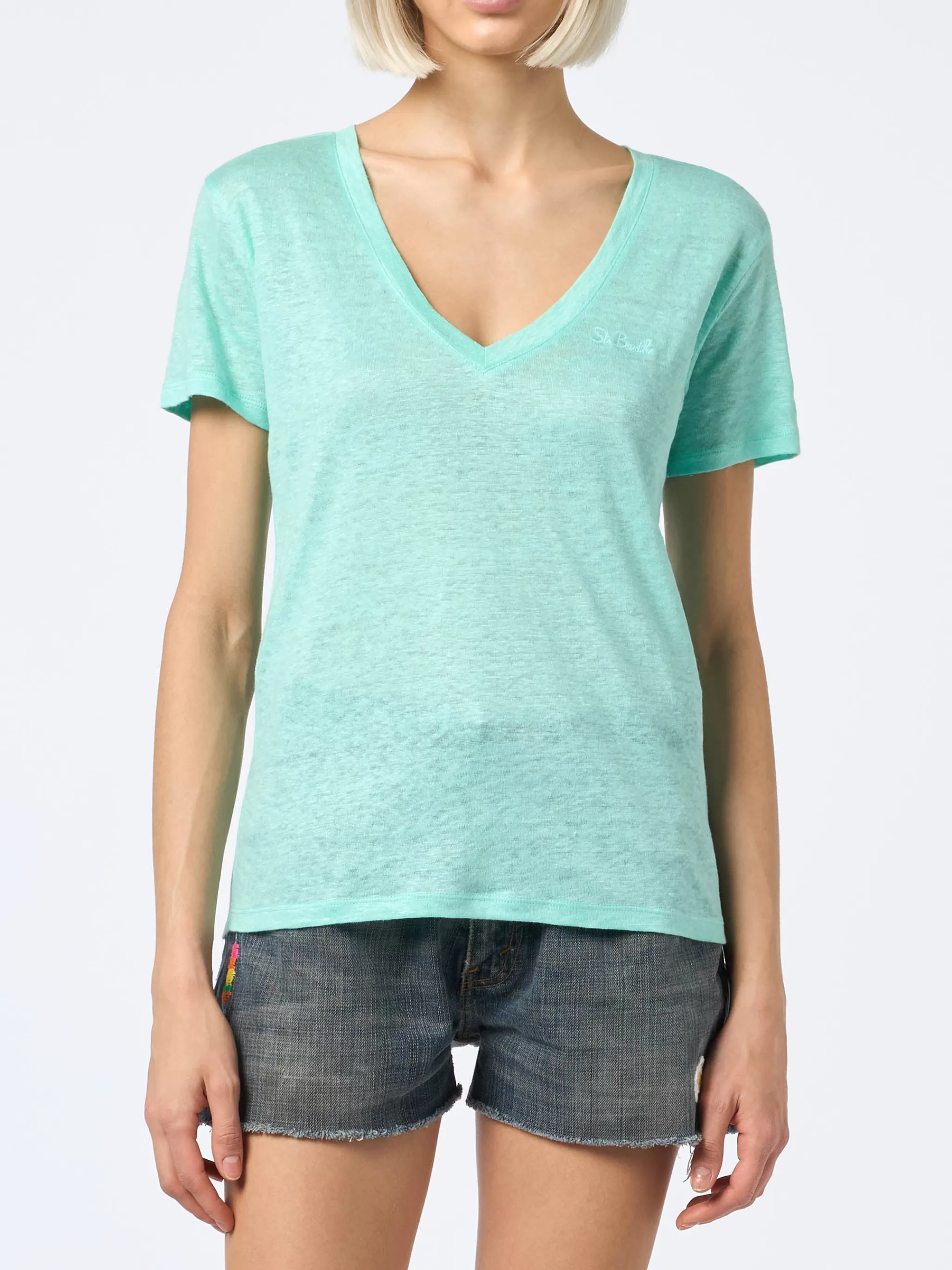 MC2 Saint Barth Woman linen jersey sage green V-neck t-shirt Eloise New