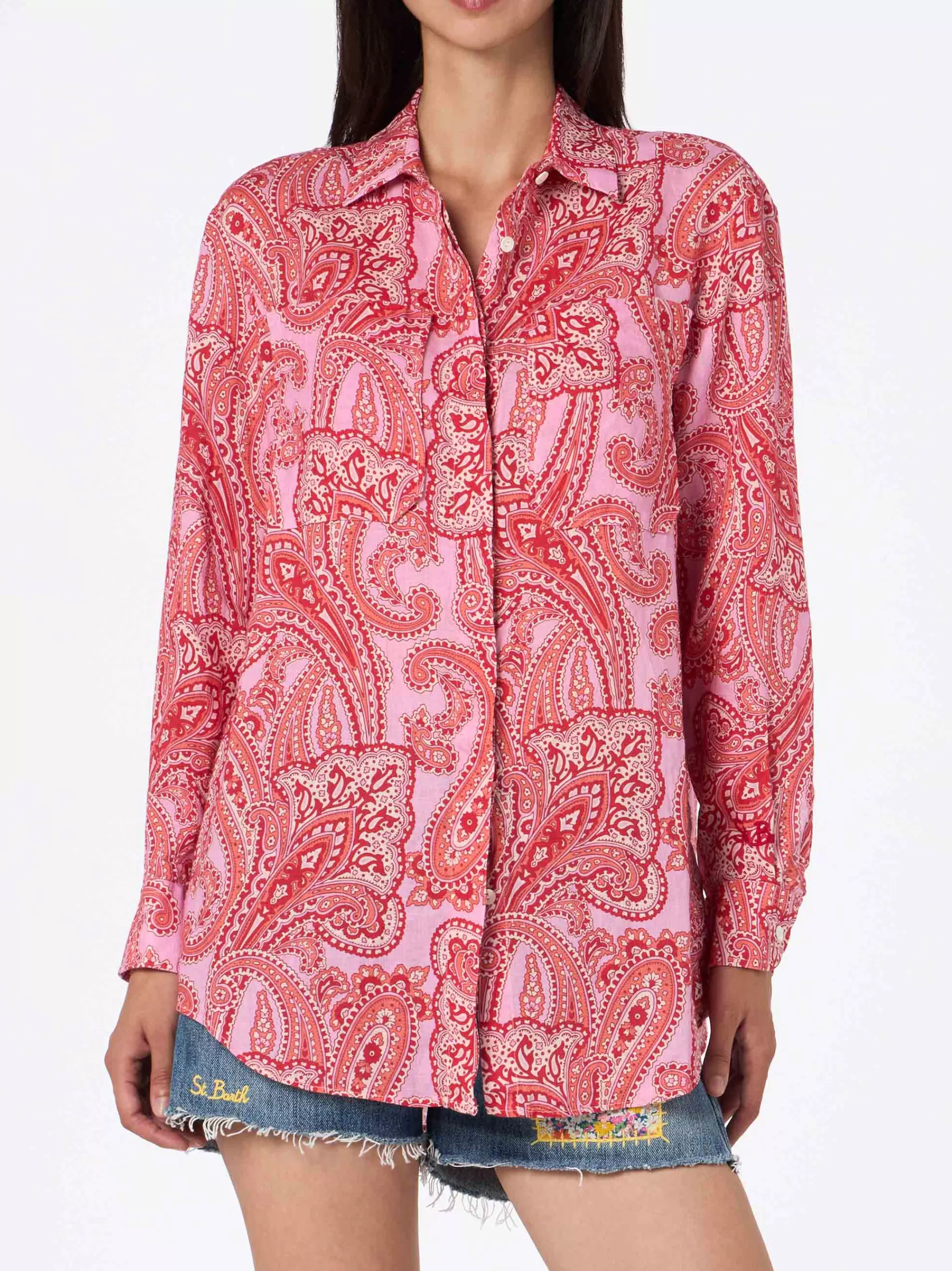 MC2 Saint Barth Woman linen shirt Alodie with paisley print and pockets Cheap