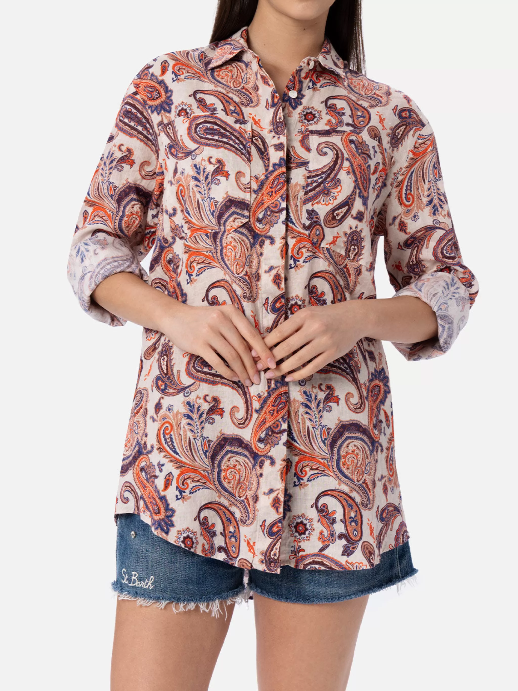 MC2 Saint Barth Woman linen shirt Alodie with paisley print and pockets Best