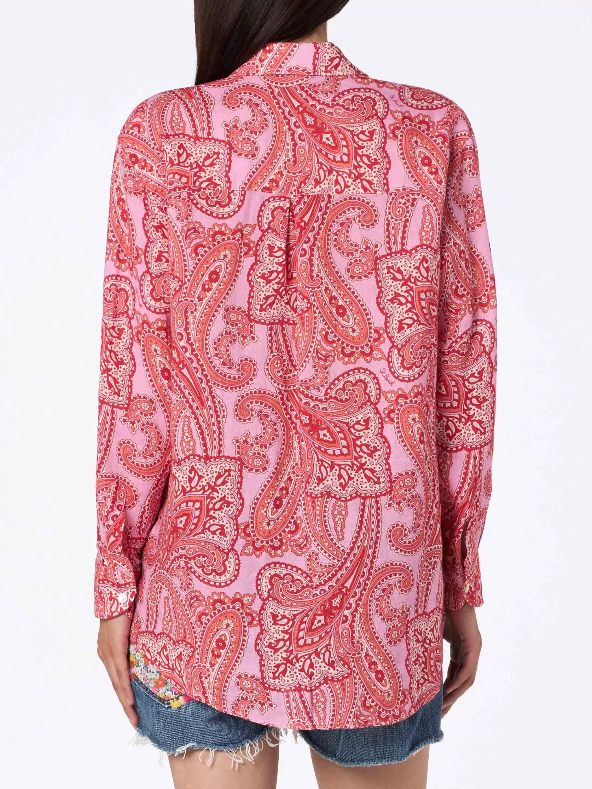 MC2 Saint Barth Woman linen shirt Alodie with paisley print and pockets Cheap