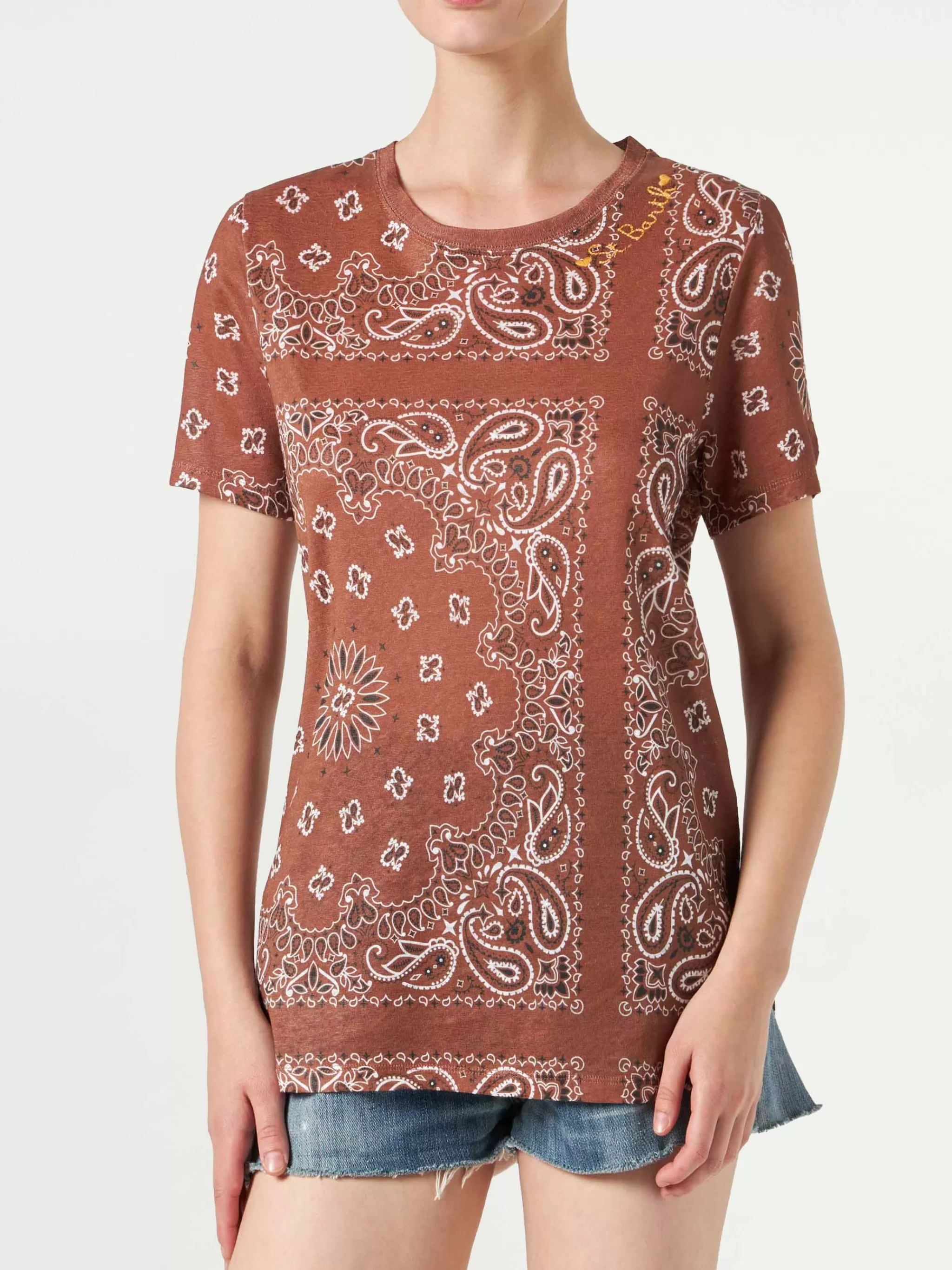 MC2 Saint Barth Woman linen t-shirt with bandanna print Online