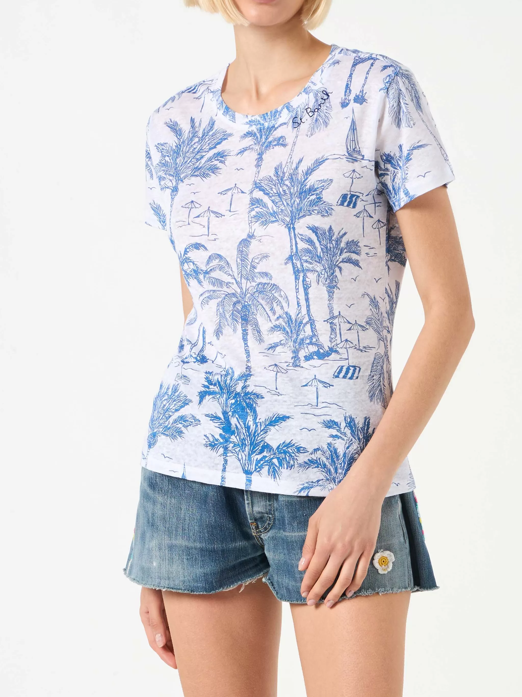 MC2 Saint Barth Woman linen t-shirt with toile de jouy print Cheap