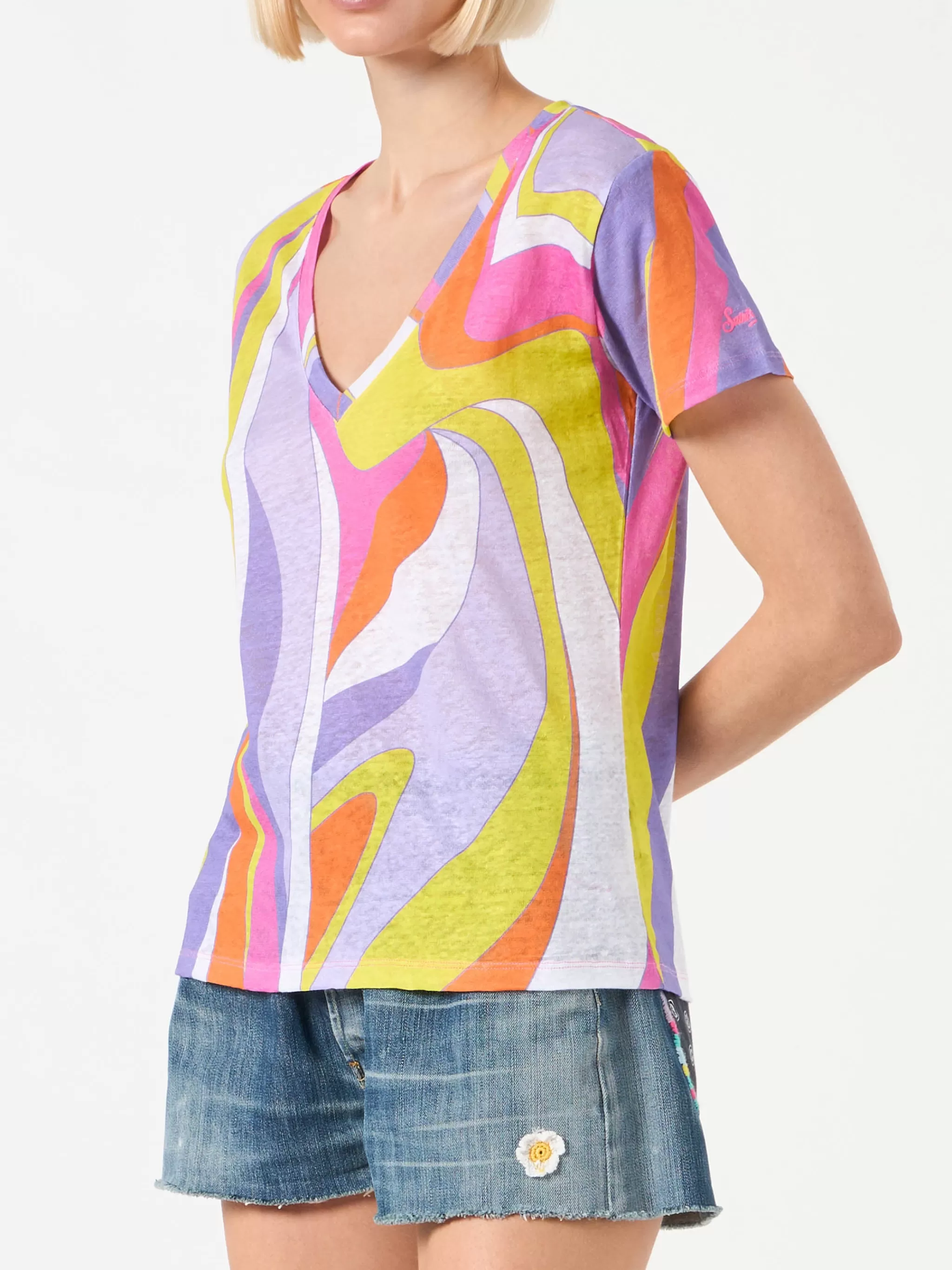 MC2 Saint Barth Woman linen t-shirt with wave print Flash Sale