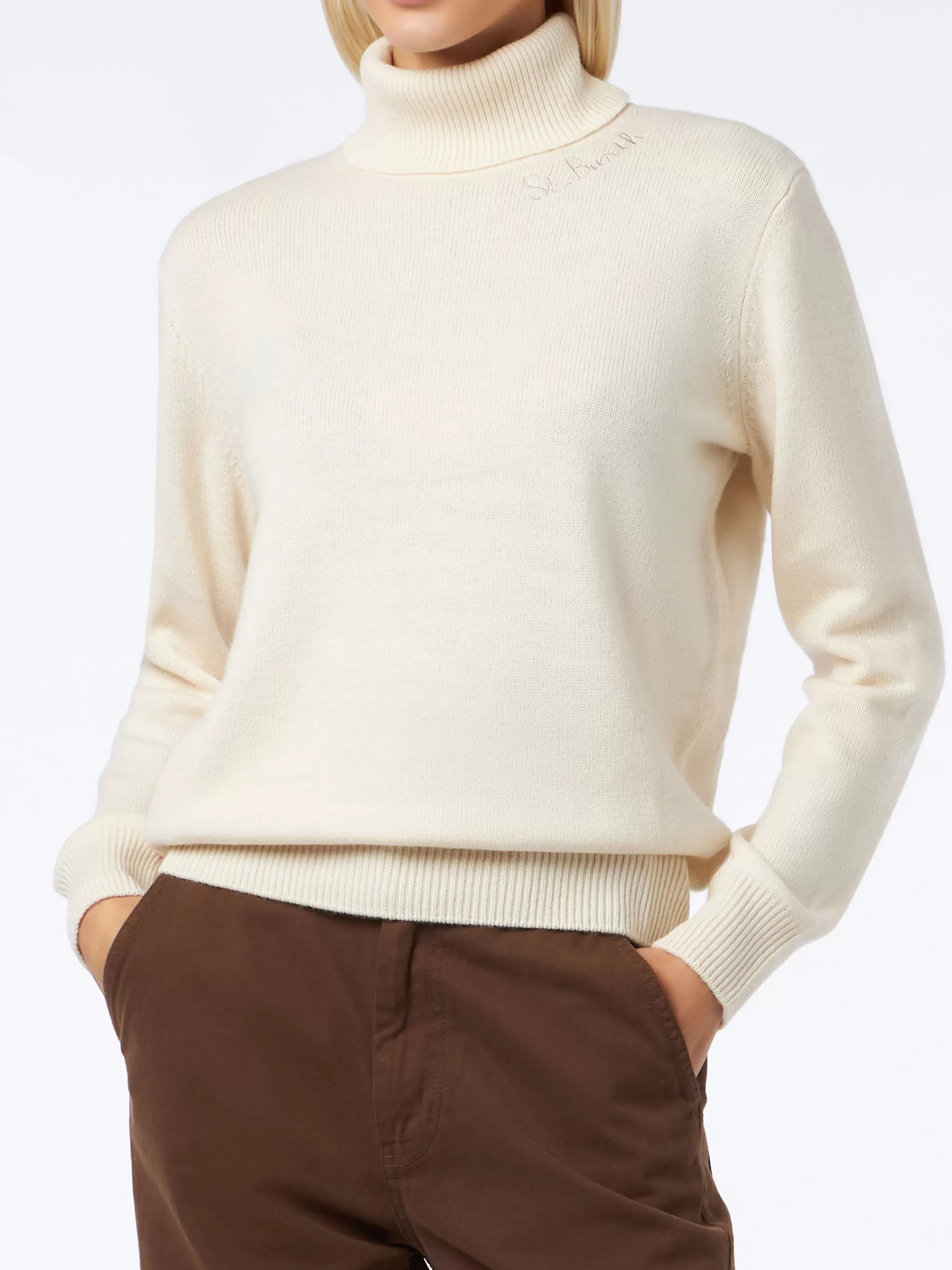 MC2 Saint Barth Woman off-white cashmere blend turtleneck sweater Moody Clearance