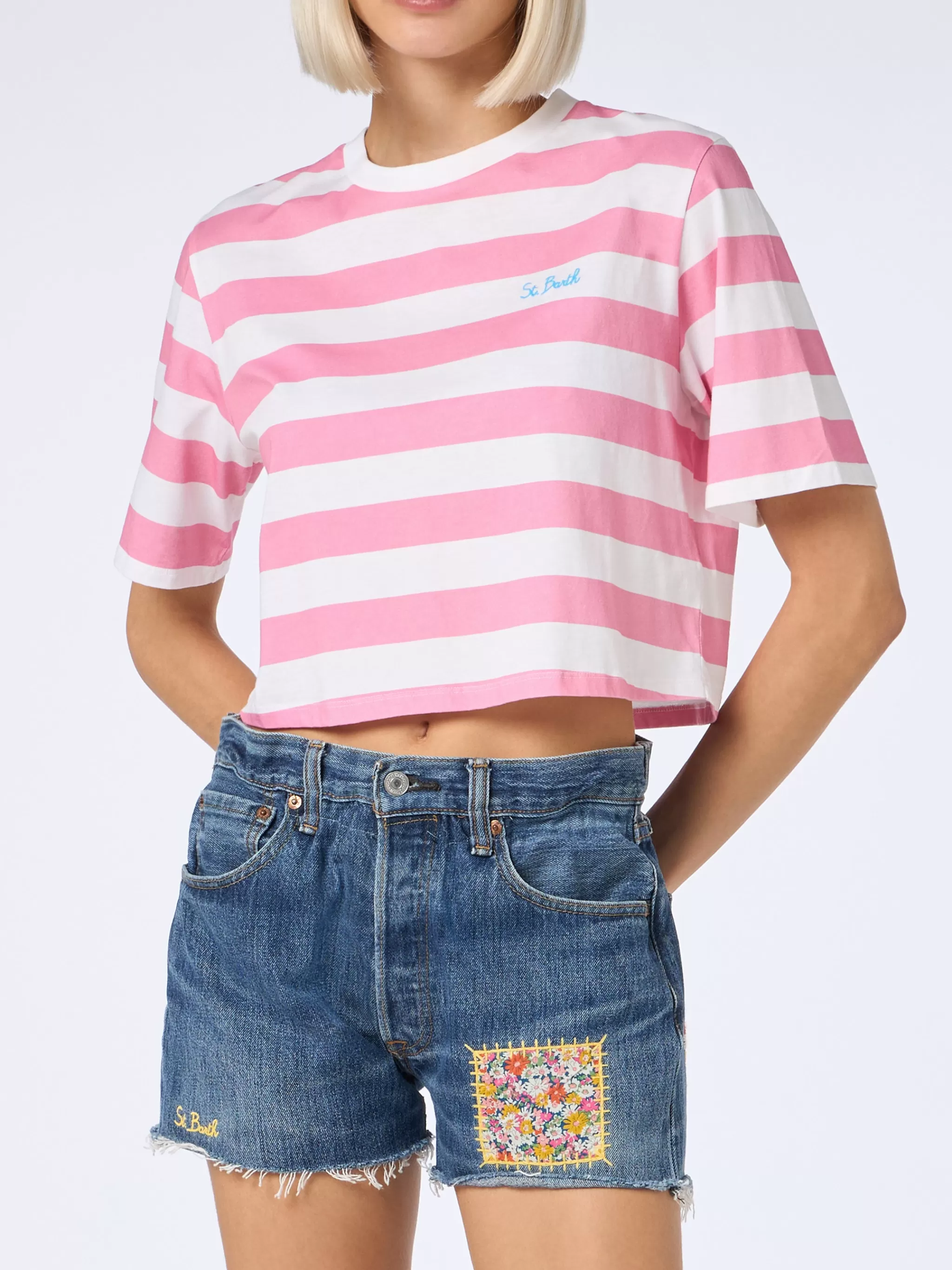 MC2 Saint Barth Woman pink and white striped crop t-shirt Shop