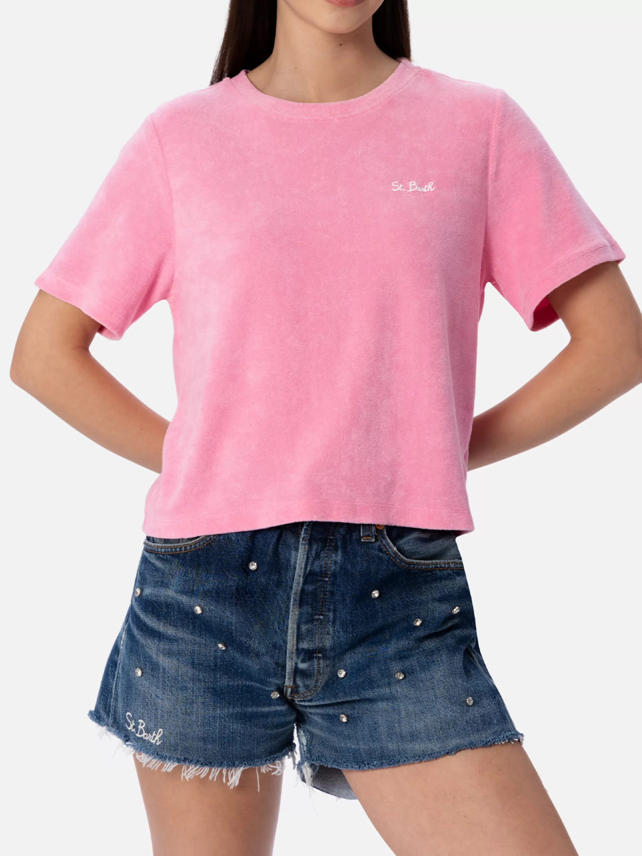 MC2 Saint Barth Woman pink terry cotton crewneck t-shirt Aleja Clearance