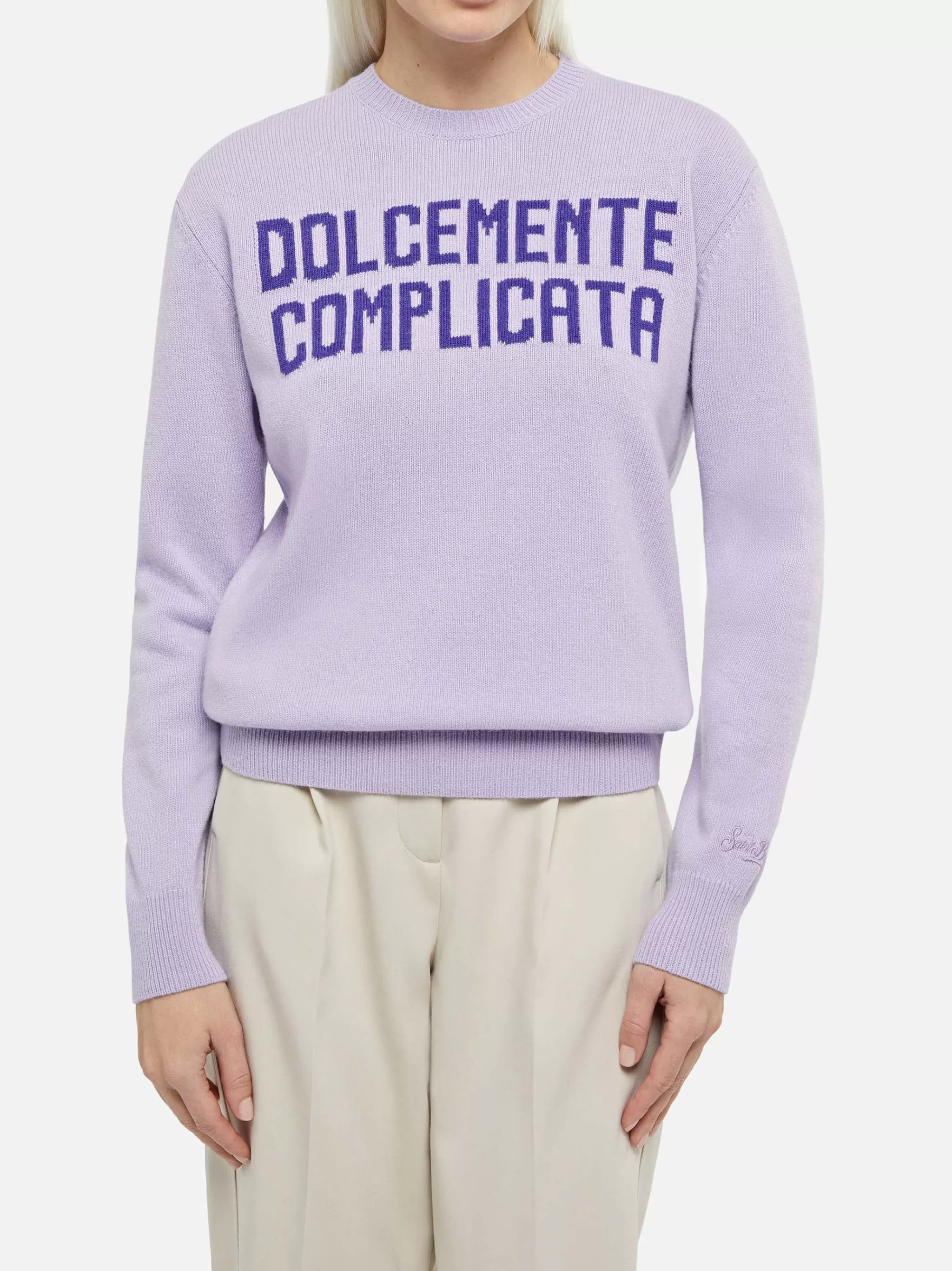 MC2 Saint Barth Woman purple sweater New Queen with Dolcemente Complicata print Best