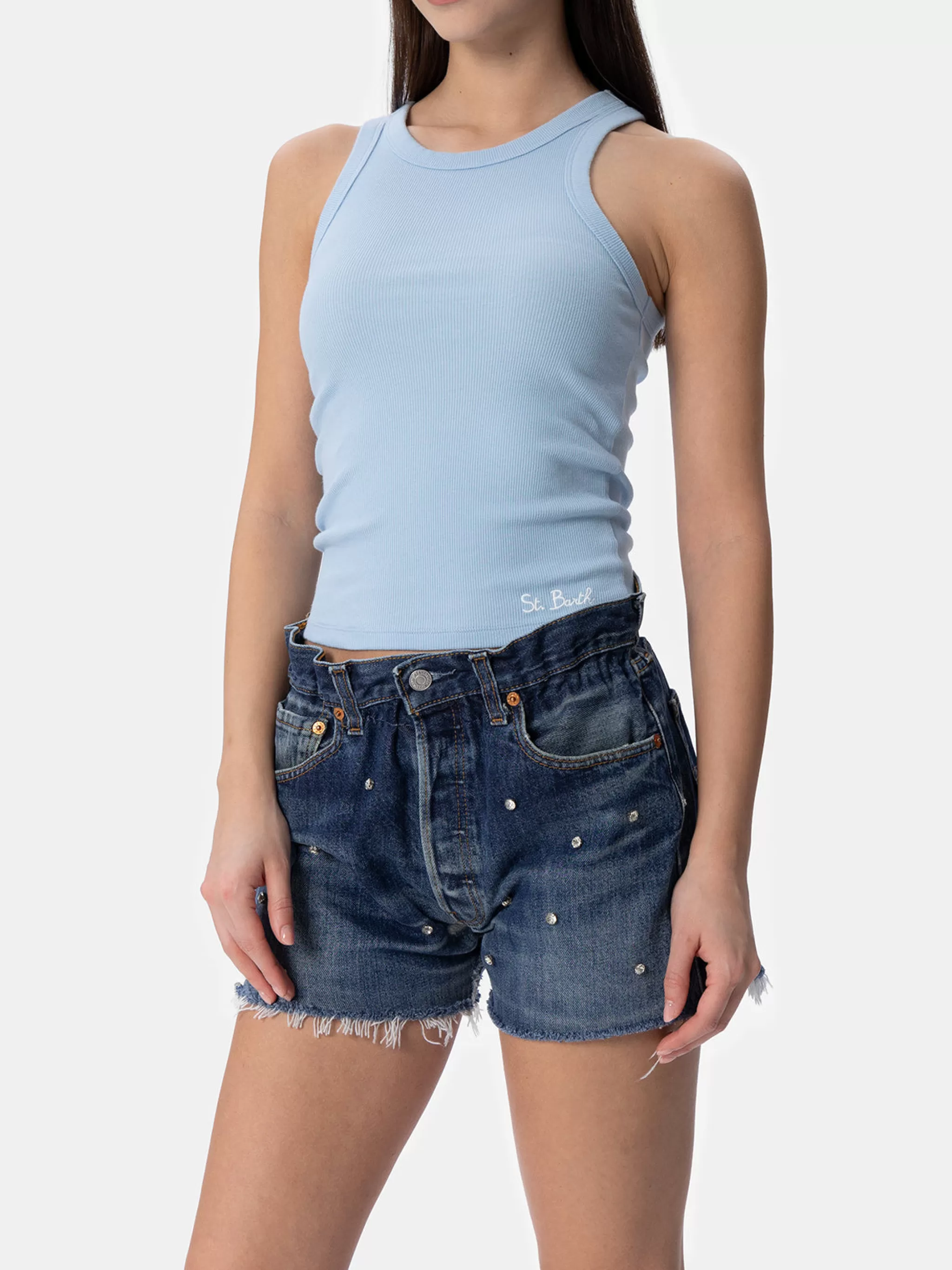 MC2 Saint Barth Woman rib-knit light blue cotton tank top Ada Store