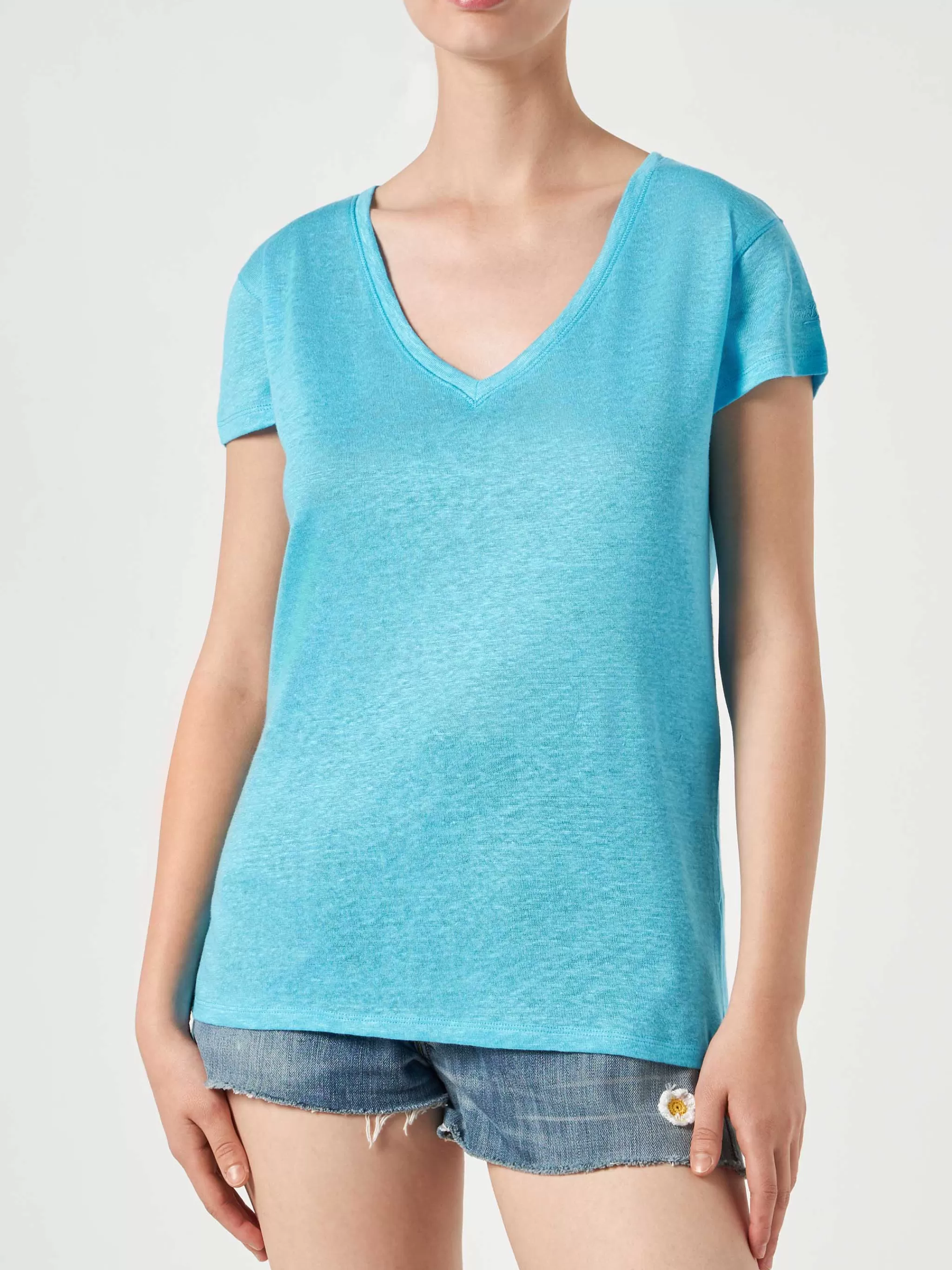 MC2 Saint Barth Woman turquoise linen t-shirt Outlet