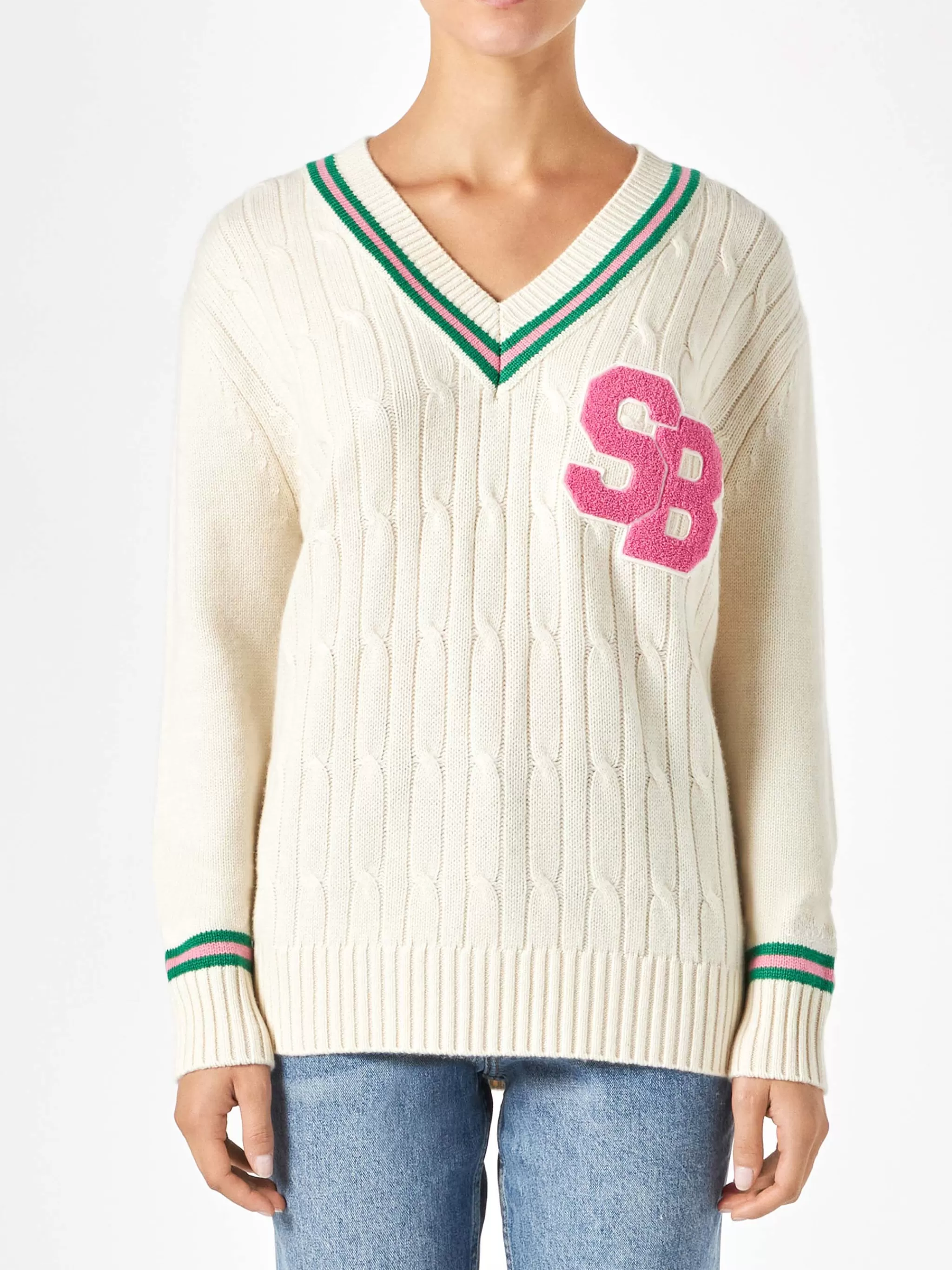 MC2 Saint Barth Woman v-neck braided sweater with patch Discount