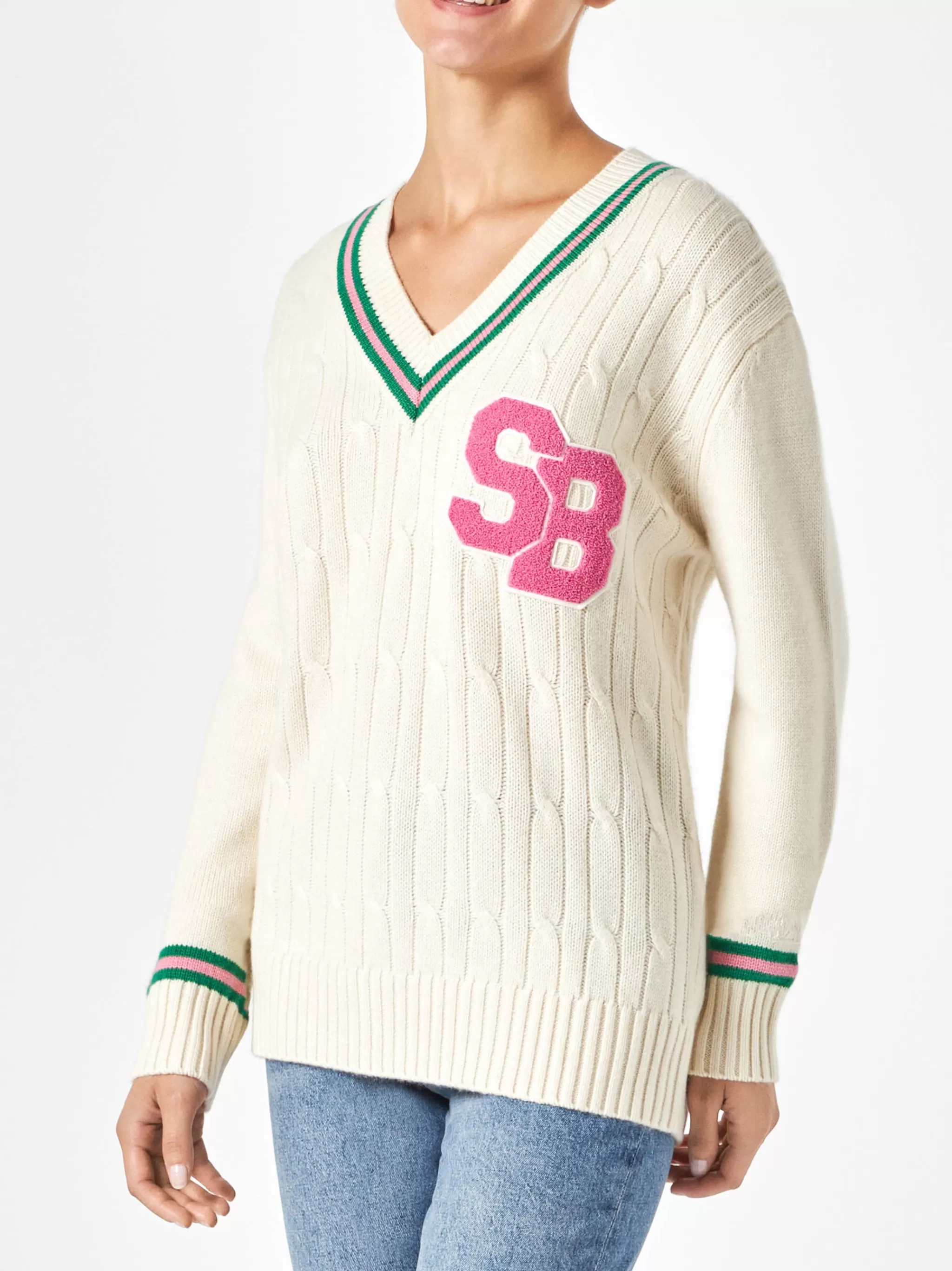 MC2 Saint Barth Woman v-neck braided sweater with patch Discount