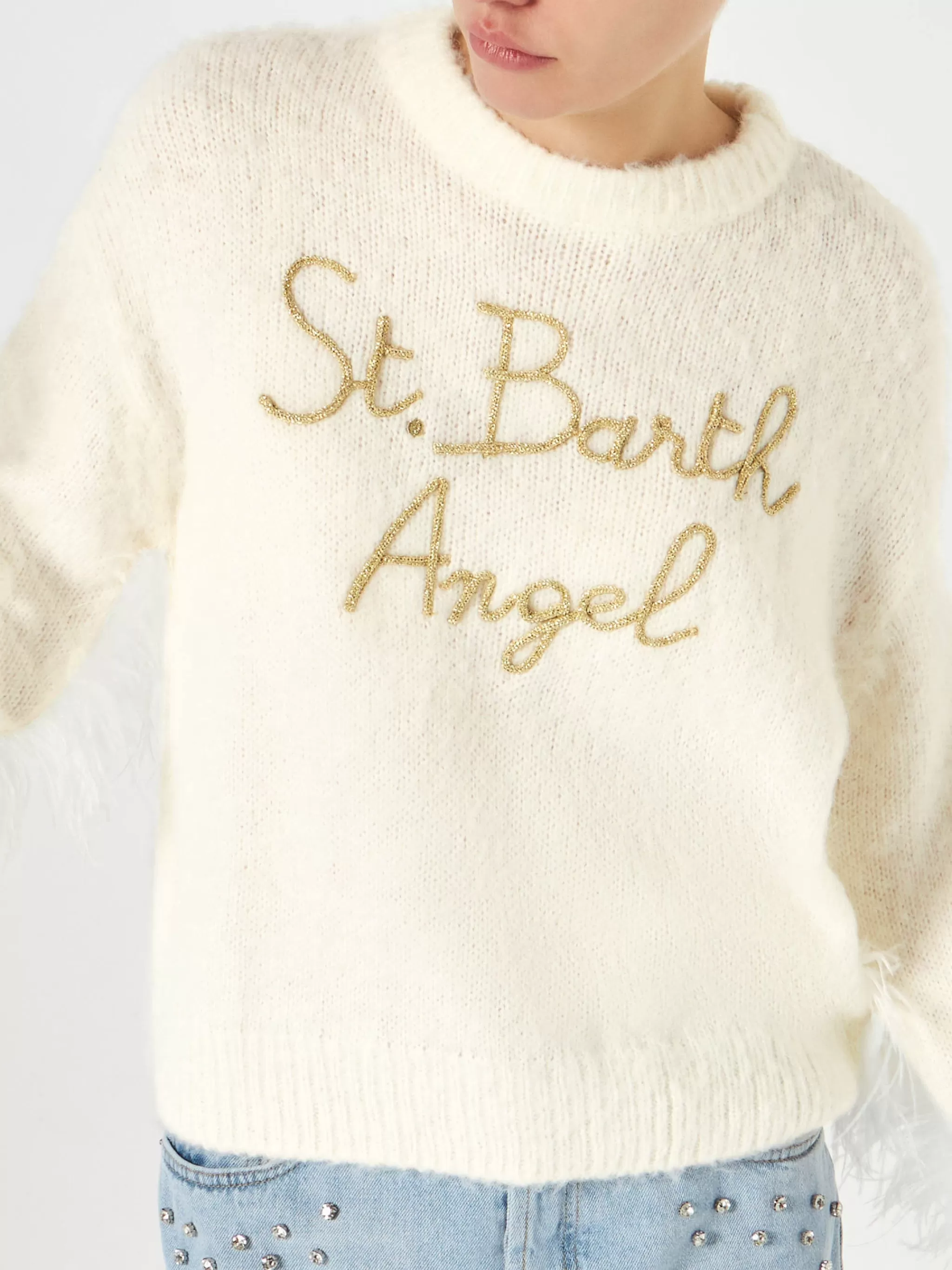 MC2 Saint Barth Woman white brushed crewneck sweater with fringes Best Sale